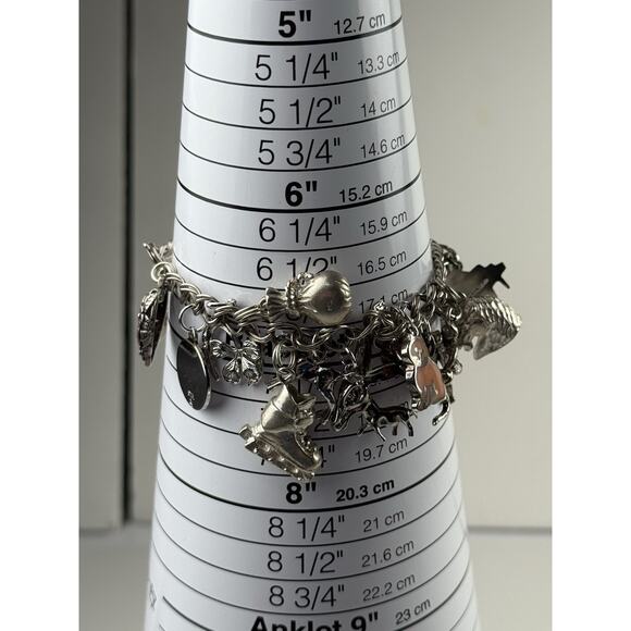 Mostly Vintage Sterling Silver 25 Charms Bracelet 7.5" Frog Cheerleader Fish Cat - Picture 6 of 7